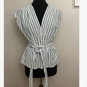 3-28 Max Studio Top Blouse Cotton Small NWT Stripe Tie Belt